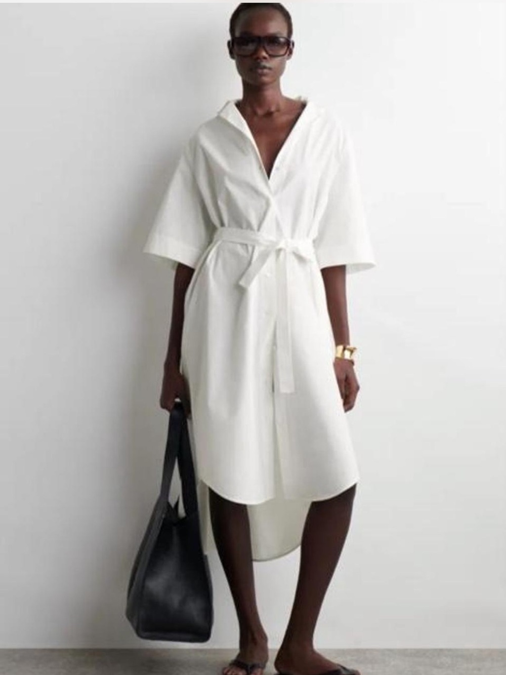 COS White High-Low Belted Midi Shirt Dress🤍